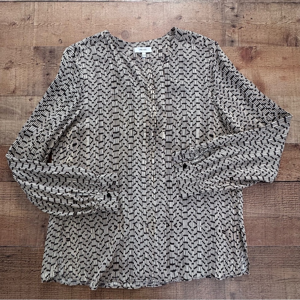 REISS Black and White Geometric Print Long Sleeve Work Top Size 6